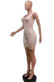 Pink Casual Sportswear Solid Basic Zipper Collar Skinny Romper