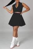 Black Fashion Casual Solid Vests Zipper Collar Sleeveless Two Pieces