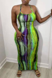 Red Fashion Sexy Print Backless Slit Spaghetti Strap Sleeveless Dress