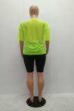 Fluorescent green Casual Fashion perspective Solid Fluorescent Patchwork Straight Two-Piece Short Set