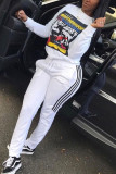White Fashion Casual Adult Print Patchwork O Neck Long Sleeve Regular Sleeve Regular Two Pieces