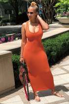 Orange Fashion Sexy adult Black Orange Off The Shoulder Sleeveless Square Step Skirt Ankle-Length Patchwork bandage Solid backless Dresses