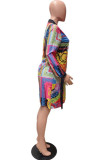 Red British Style Print Turndown Collar Long Sleeve Knee Length Dresses