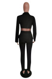 Black Casual Solid Patchwork V Neck Long Sleeve Two Pieces