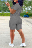 Grey Fashion Casual Letter Embroidered O Neck Short Sleeve Two Pieces