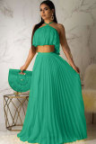 Green Sexy Fashion Casual asymmetrical Two Piece Suits crop top Solid Bandage Draped Straight Sl