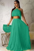 Green Sexy Fashion Casual asymmetrical Two Piece Suits crop top Solid Bandage Draped Straight Sl
