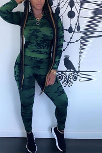 Army Green Fashion adult Ma'am Street Camouflage Two Piece Suits pencil Long Sleeve Two Pieces