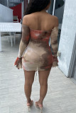 colour Fashion Sexy Print Draw String Backless Bateau Neck Printed Dress