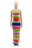 Green Fashion Sexy Striped Print Slit O Neck Sleeveless Dress