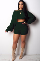 Green Wool Europe and America Solid Two Piece Suits pencil Long Sleeve Two-Piece Short Set