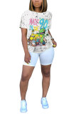 White Blue Yellow purple colour O Neck Short Sleeve Patchwork Print Character Tops