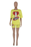 Yellow Fashion Casual Print Basic O Neck Short Sleeve Two Pieces