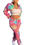 rose red and blue Casual Print Tie-dye Turndown Collar Outerwear