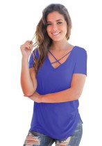 Blue Fashion Casual Regular V-Neck Short Solid Regular Tees & T-shirts