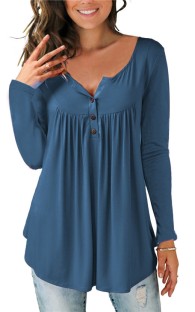 Dark Blue Regular O-Neck Full Button Solid Regular Tees & T-shirts