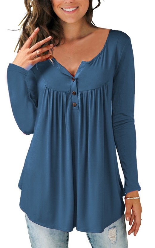 Dark Blue Regular O-Neck Full Button Solid Regular Tees & T-shirts