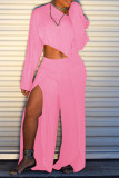 Pink Fashion Casual Solid Patchwork Slit Oblique Collar Long Sleeve Two Pieces