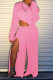 Pink Fashion Casual Solid Patchwork Slit Oblique Collar Long Sleeve Two Pieces