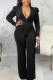 Black Sexy Solid Patch With Belt V Neck Regular Jumpsuits