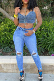 Blue Fashion Sexy Solid Bandage Backless Spaghetti Strap Tops