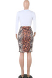 Brown Sexy Two Piece Suits Leopard Print Patchwork Hip skirt Long Sleeve