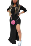 Black Fashion adult Ma'am OL Off The Shoulder Long Sleeves One word collar Step Skirt Floor-Length Solid Dresses