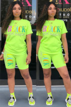 Green Fashion Casual adult Letter Patchwork Print Two Piece Suits pencil Short Sleeve Two Pieces