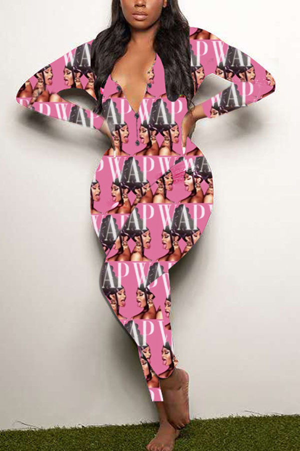Pink Fashion Adult Living Print Letter V Neck Skinny Jumpsuits