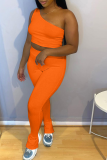 Tangerine Red Casual Solid Patchwork One Shoulder Sleeveless Two Pieces
