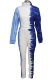 Blue Casual Print Patchwork Zipper Collar Long Sleeve Two Pieces