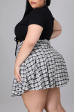 Black Sexy Plaid Print Patchwork Frenulum V Neck A Line Plus Size Two Pieces