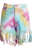 Pink Sexy Patchwork Tassel Tie-dye High Waist Regular Denim Shorts