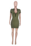 Turquoise Fashion Casual Solid Basic Zipper Collar Short Sleeve Dress