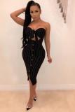 Black Fashion Sexy Off The Shoulder Sleeveless One word collar Sheath Slim Dress Mid-Calf Stripe