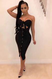 Black Fashion Sexy Off The Shoulder Sleeveless One word collar Sheath Slim Dress Mid-Calf Stripe