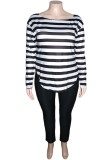 Black Casual Striped Print Patchwork O Neck Plus Size 