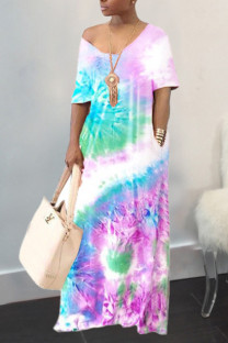 Color blue Fashion Casual V Neck Print Plus Size 