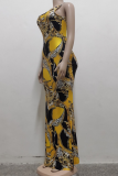 Blue Casual Print Patchwork Spaghetti Strap Trumpet Mermaid Dresses