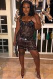 Black Fashion Sexy Spaghetti Strap Sleeveless Slip Step Skirt Mini perspective Sequin Patchwork