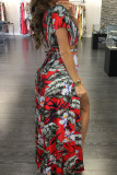 Red Fashion adult Sexy Patchwork Print Two Piece Suits Split Floral bow-knot Hip skirt Short S