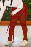 Red Fashion Sexy Solid Draw String See-through Regular Mid Waist Trousers