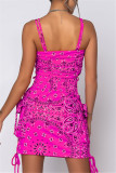 Rose Red Fashion Sexy Print Backless Spaghetti Strap Sleeveless Two Pieces