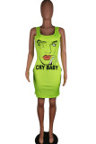 White Sexy White Green Pink Yellow Spaghetti Strap Sleeveless Slip Sheath Knee-Length Print Dresses