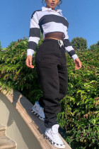 Black Fashion Casual Blends Striped Print Pullovers Pants POLO collar Long Sleeve Regular Sleeve Short Two Pieces