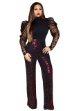 Wine Red Elastic Fly Long Sleeve High Patchwork Straight Pants