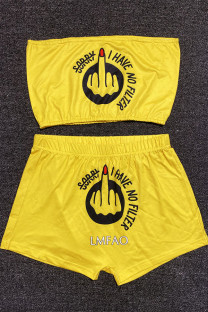 Yellow Sexy Print Strapless Sleeveless Short Two Pieces