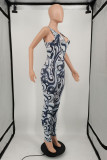 Multicolor Fashion Sexy Print Basic V Neck Skinny Jumpsuits