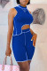 Blue Fashion Casual Solid Patchwork Asymmetrical Half A Turtleneck Sleeveless Two Pieces