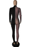 Black Fashion Sexy Patchwork See-through Turtleneck Skinny Jumpsuits